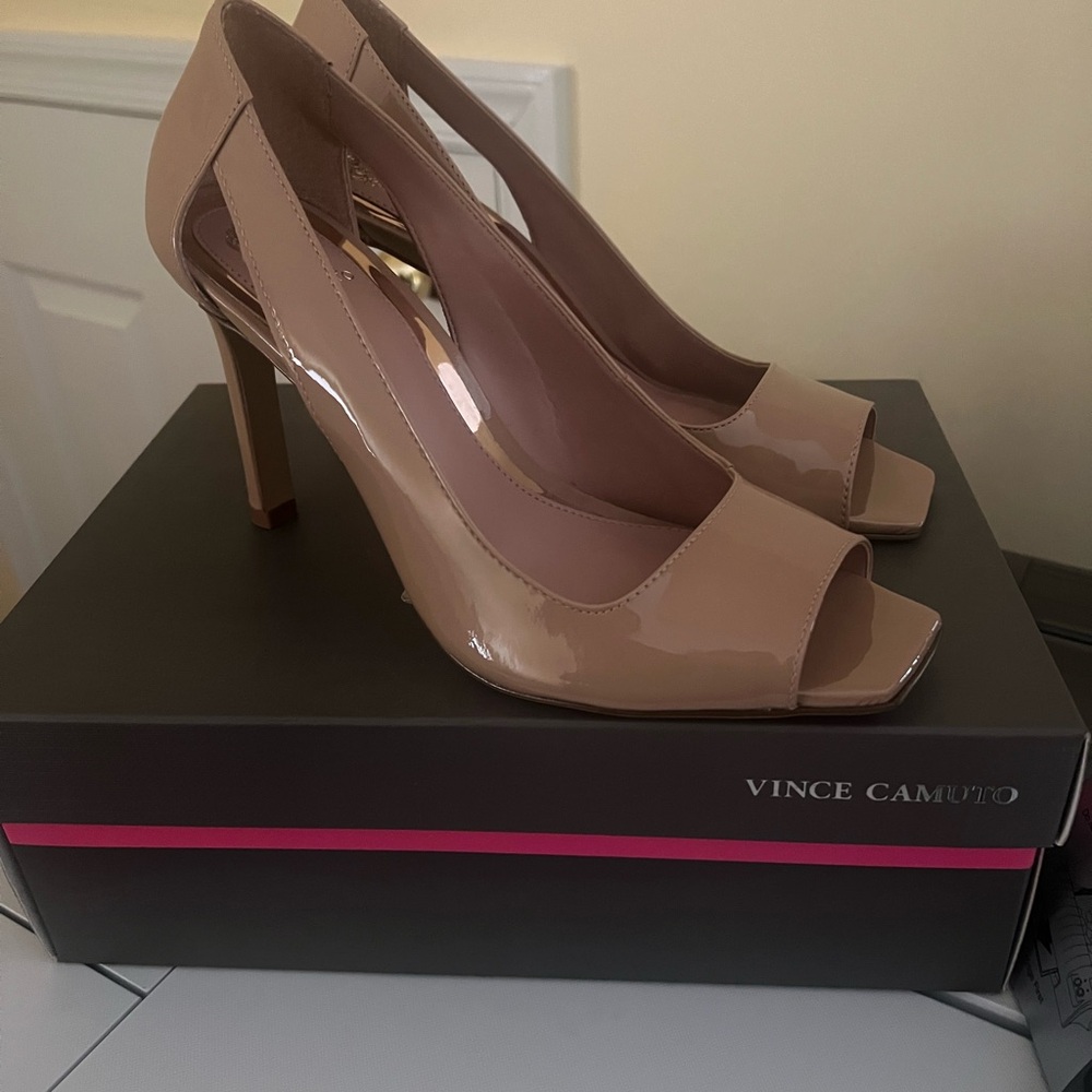 Vince Camuto Tan Heels with Open-Toe Design